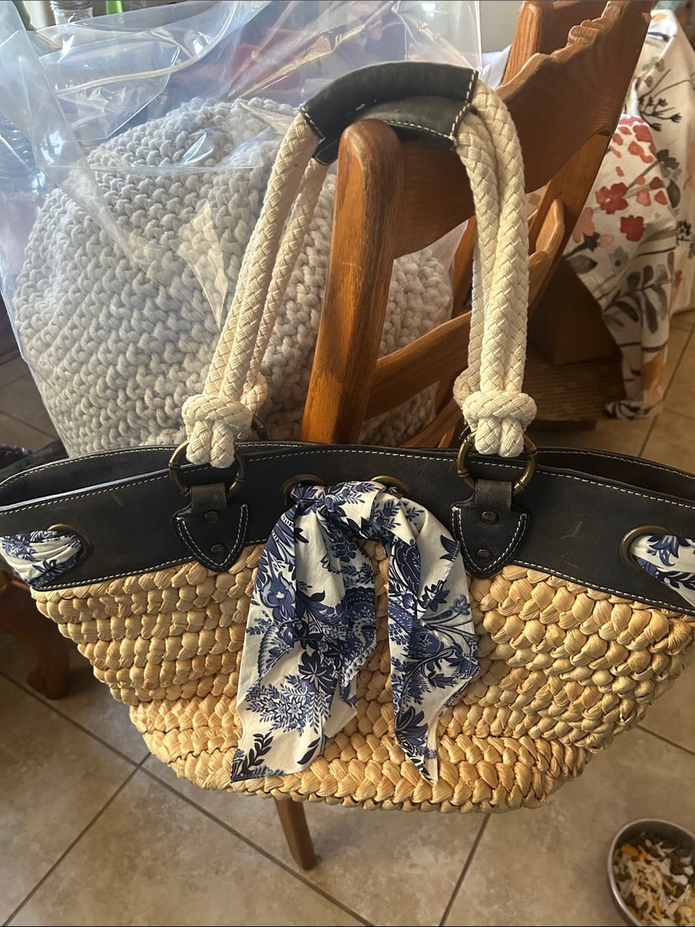 Tommy Bahama Natural Straw Tote with Navy Trim and Blue Floral Scarf VGUC